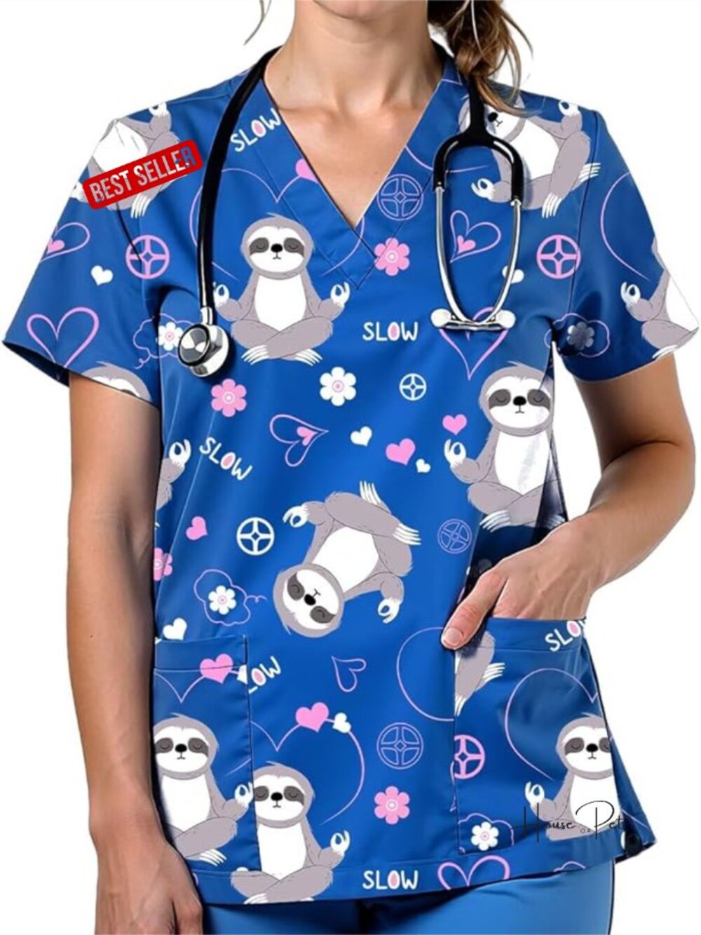 V Neck Cute Printed Scrub Top With Pockets - Short Sleeve Nurse Uniform
